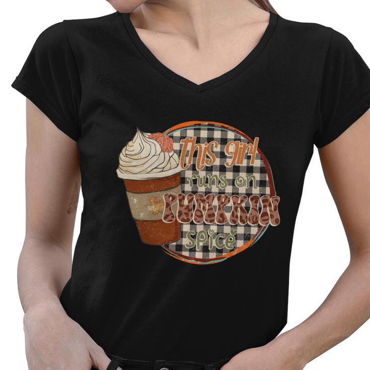 This Girl Runs On Pumpkin Spice Thanksgiving Quote Women V-Neck T-Shirt