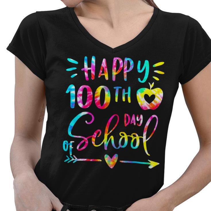 Tie Dye Happy 100Th Day Of School Teacher Student 100 Days V2 Women V-Neck T-Shirt