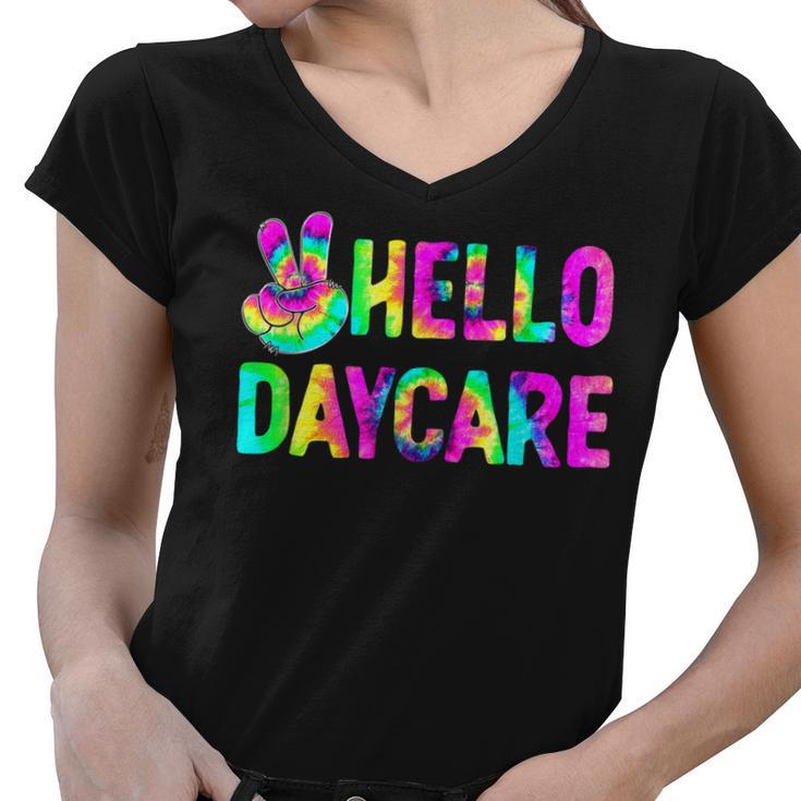 Tie Dye Hello Daycare Back To School Teachers Kids  Women V-Neck T-Shirt