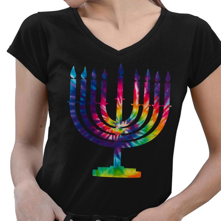 Tie Dye Menorah Hanukkah Chanukah Women V-Neck T-Shirt