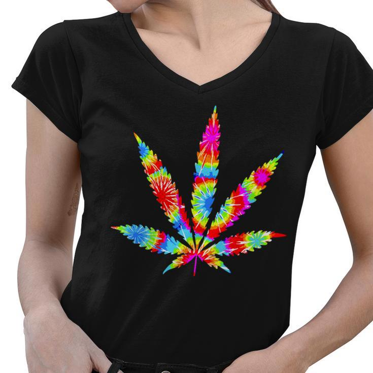 Tie Dyed Weed Symbol Women V-Neck T-Shirt