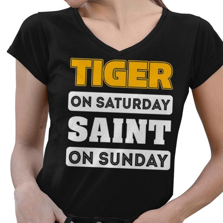 Tiger Saturday Saint Sunday Louisiana Football T S Women V-Neck T-Shirt