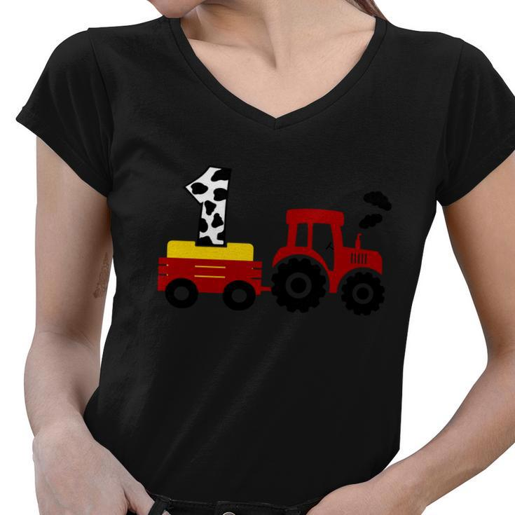 Tractor Pulling One Farmer First Birthday First Birthday Cow 1St Birthday Women V-Neck T-Shirt
