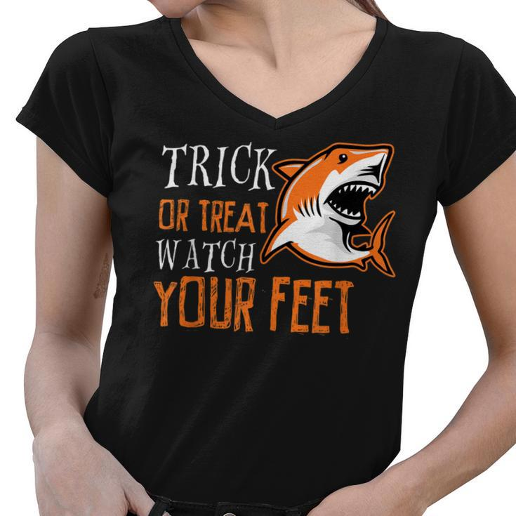Trick Or Treat Shark Watch Your Feet Halloween  Women V-Neck T-Shirt
