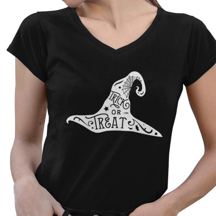 Trick Or Treat Witch Hat Funny Halloween Quote Women V-Neck T-Shirt