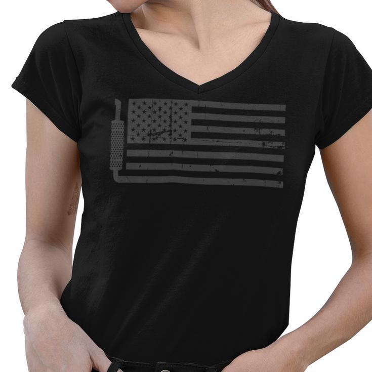 Trucker Truck Driver American Flag With Exhaust Patriotic Trucker_ Women V-Neck T-Shirt