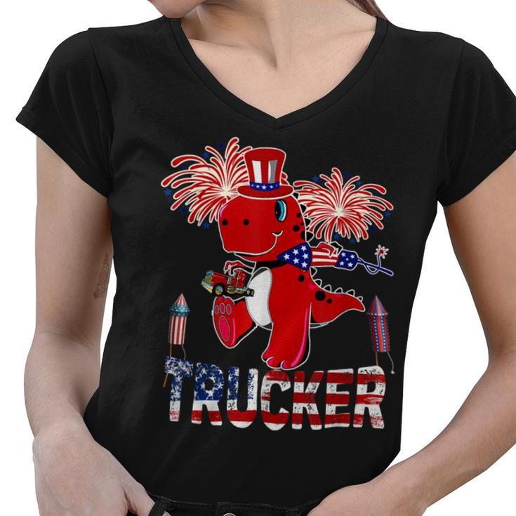 Trucker Trucker American Flag Funny Trex Fireworks 4Th Of July Women V-Neck T-Shirt