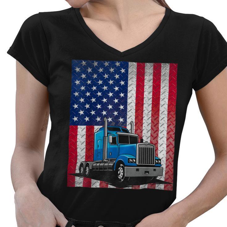 Trucker Trucker Truck Driver American Flag Women V-Neck T-Shirt