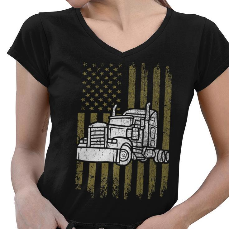 Trucker Trucker Vintage American Flag Semi Truck Driver Patriotic Women V-Neck T-Shirt