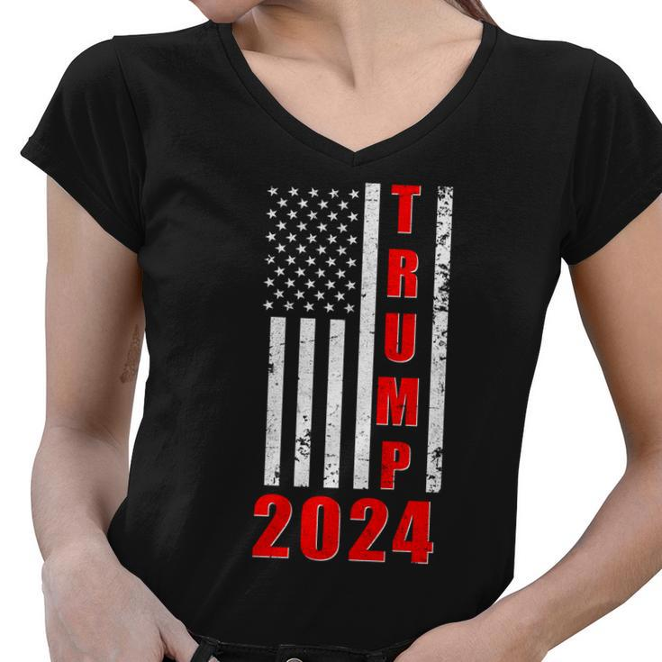 Trump 2024 Election Distressed Us Flag Women V-Neck T-Shirt