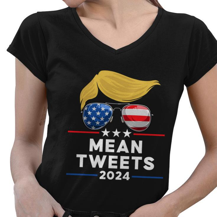 Trump 2024 Mean Tweets Usa Flag Sunglasses Funny Political Gift Women V-Neck T-Shirt