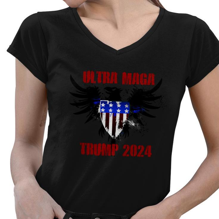 Ultra Maga Eagle Grunge Splatter Trump 2024 Anti Biden Women V-Neck T-Shirt