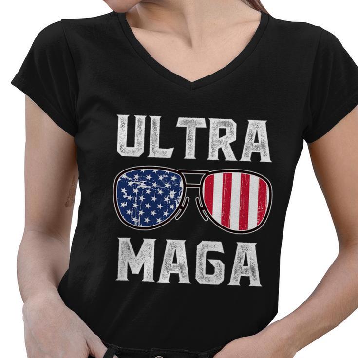 Ultra Maga Sunglasses American Flag Funny Anti Biden Women V-Neck T-Shirt