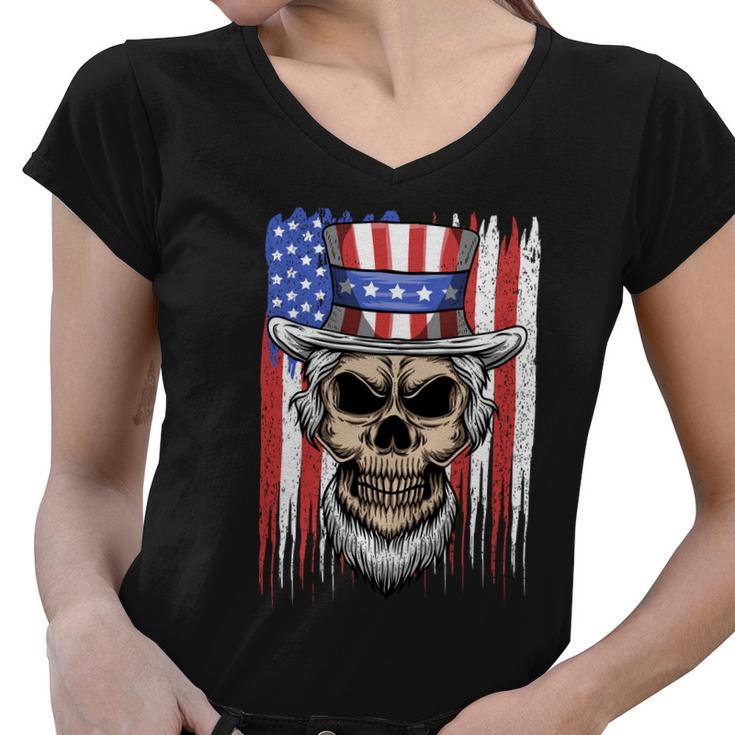 Uncle Sam Skull 4Th Of July American Flag Usa Women V-Neck T-Shirt