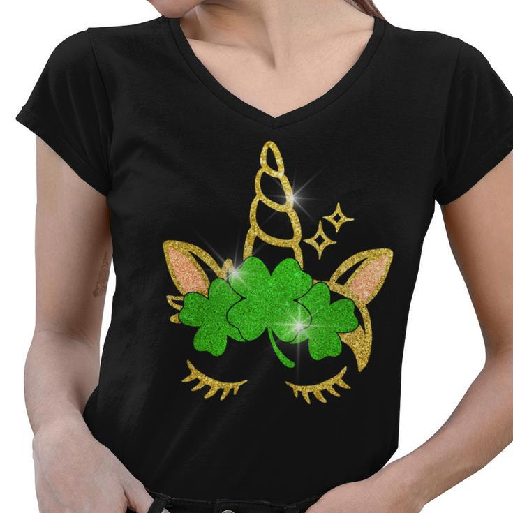Unicorn Face St Patricks Day Graphic Design Printed Casual Daily Basic Women V-Neck T-Shirt