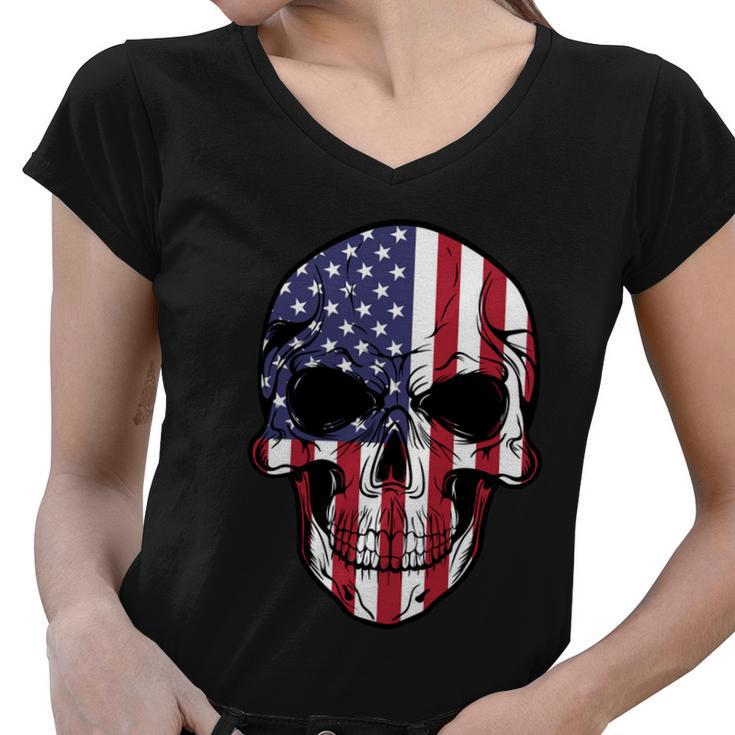 Us American Flag Patriotic Skull Gift Women V-Neck T-Shirt