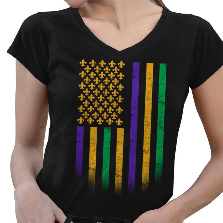 Us Mardi Gras Flag Celebration Women V-Neck T-Shirt