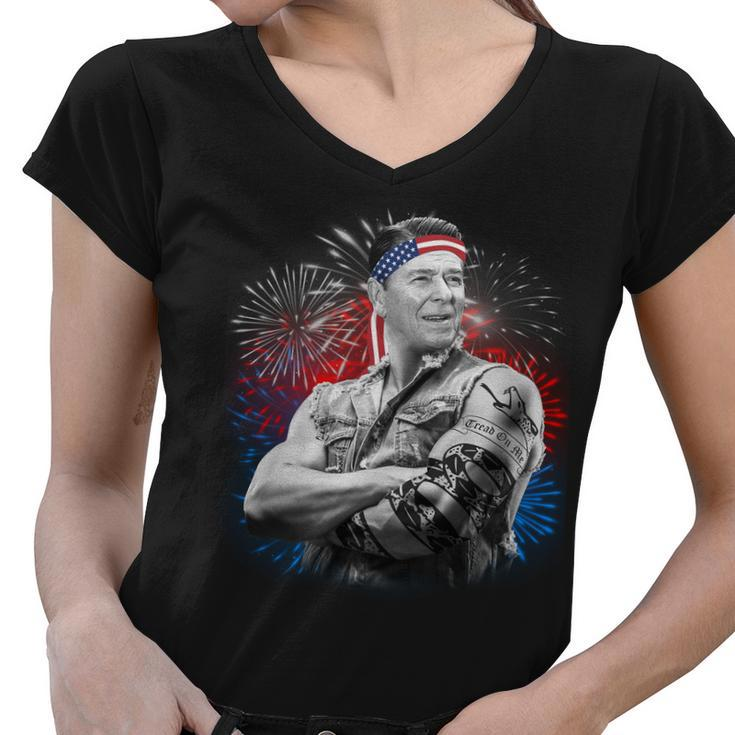 Usa Fireworks Patriotic Ronald Reagan Women V-Neck T-Shirt