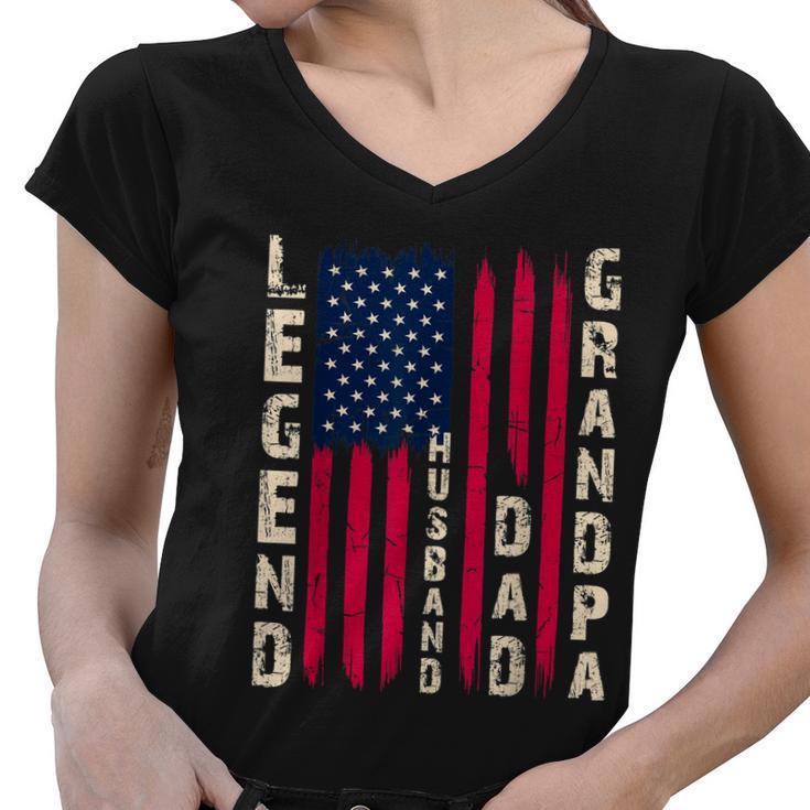 Usa Flag Fathers Day Dad The Legend Husband Dad Grandpa Women V-Neck T-Shirt