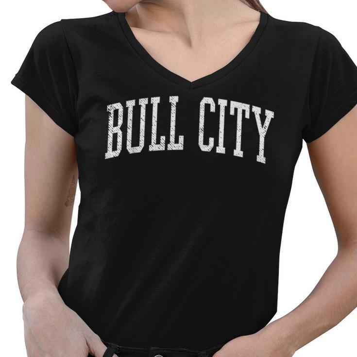 Varsity Distressed Bull City  Women V-Neck T-Shirt