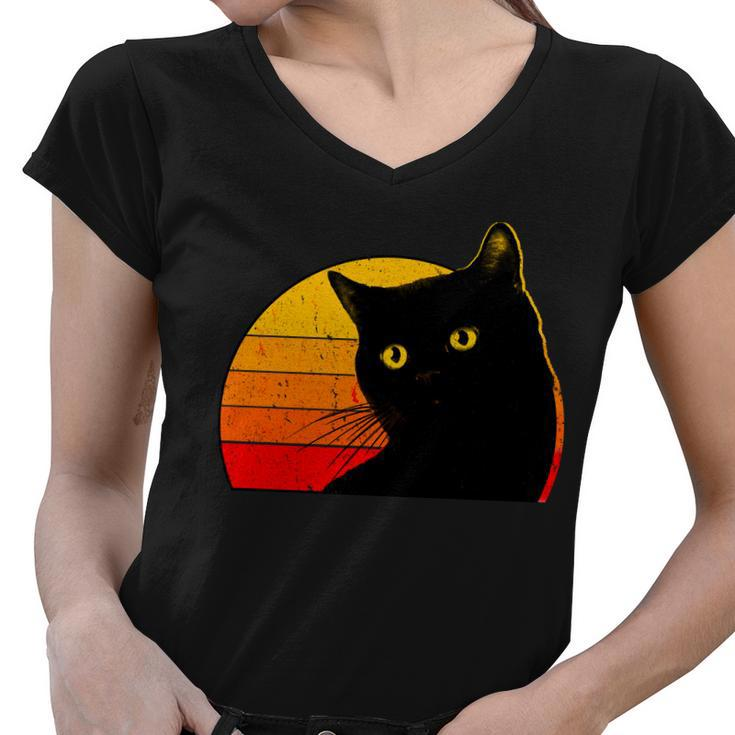 Vintage 80S Style Black Cat Retro Sun Women V-Neck T-Shirt