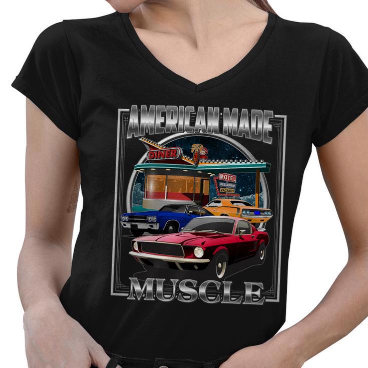 Vintage American Made Muscle Classic Cars And Diner Tshirt Women V-Neck T-Shirt