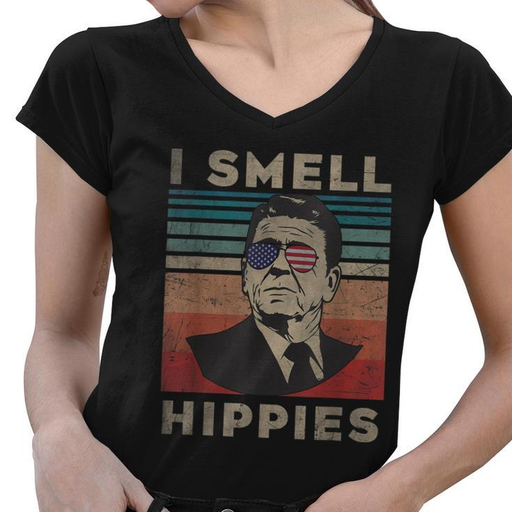 Vintage Distressed Retro Reagan President I Smell Hippies Women V-Neck T-Shirt