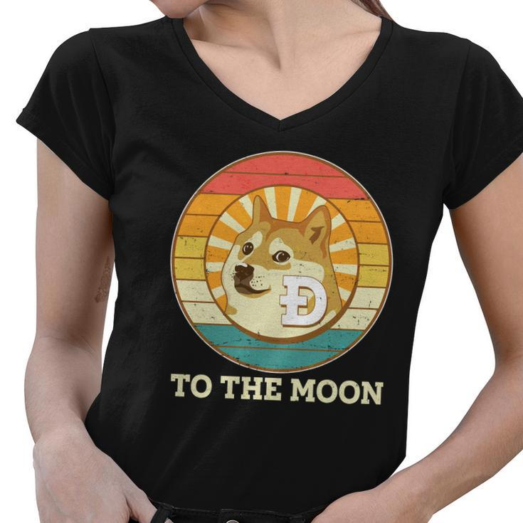 Vintage Dogecoin To The Moon Meme Emblem Women V-Neck T-Shirt