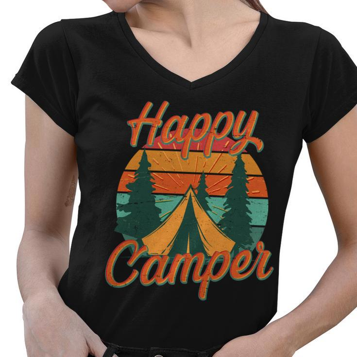 Vintage Happy Camper Emblem Women V-Neck T-Shirt