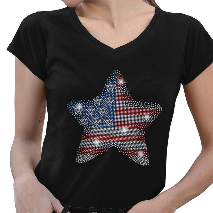 Vintage July 4Th Star Flag American Rhinestone Bling Tee Women V-Neck T-Shirt
