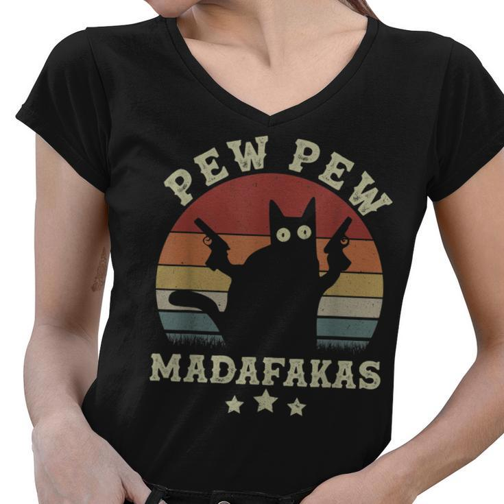 Vintage Pew Pew Madafakas Funny Crazy Black Cat Halloween  Women V-Neck T-Shirt