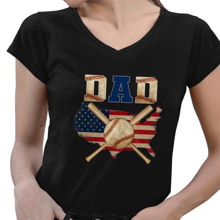 Vintage Proud Baseball Dad Cool 4Th Of July American Flag Women V-Neck T-Shirt