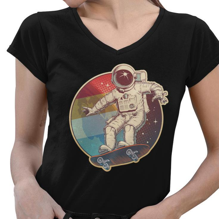 Vintage Retro Skateboarding Astronaut Women V-Neck T-Shirt