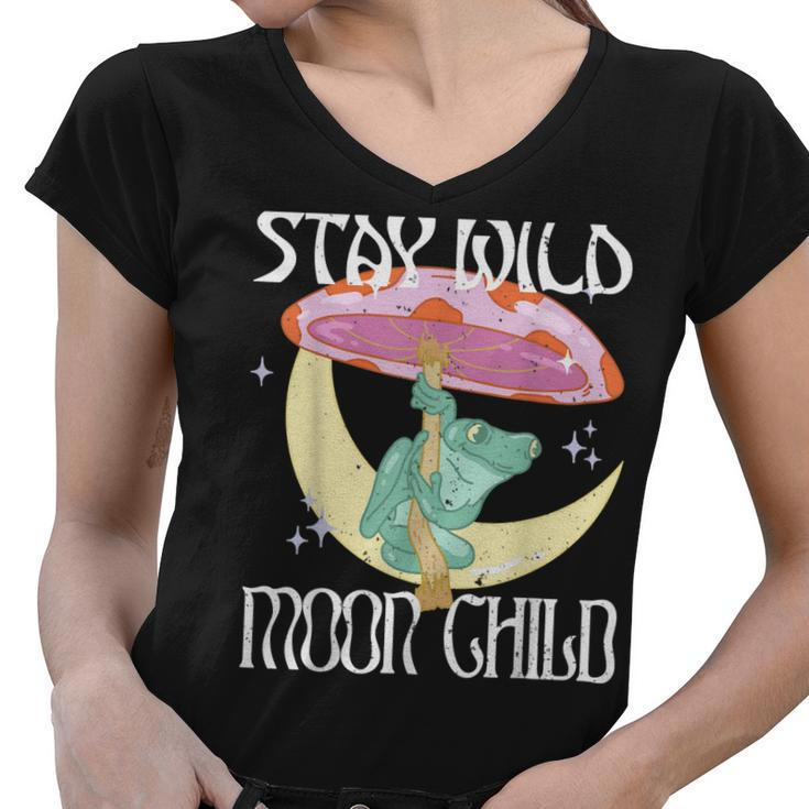 Vintage Retro Stay Wild Moon Child Frog Peace Love Hippie  Women V-Neck T-Shirt