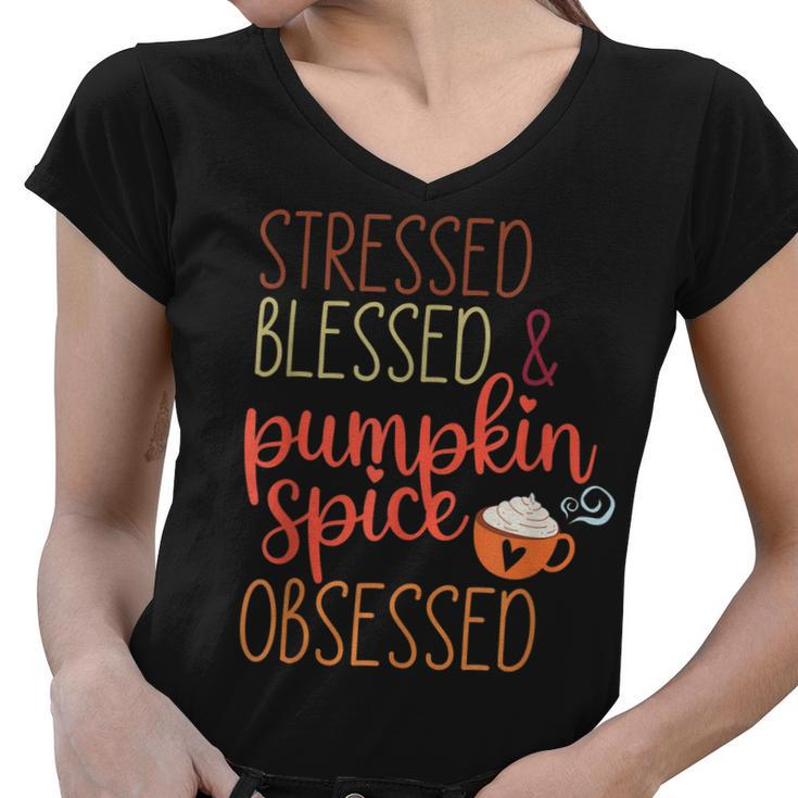 Vintage Stressed Blessed & Pumpkin Spice Obsessed Fall  Women V-Neck T-Shirt