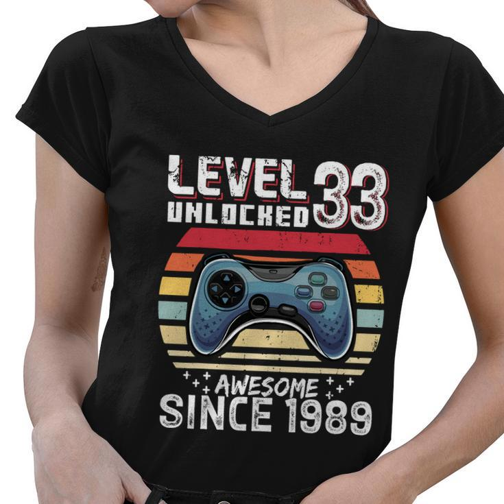 Vintage Video Gamer Birthday Level 33 Unlocked 33Rd Birthday Women V-Neck T-Shirt