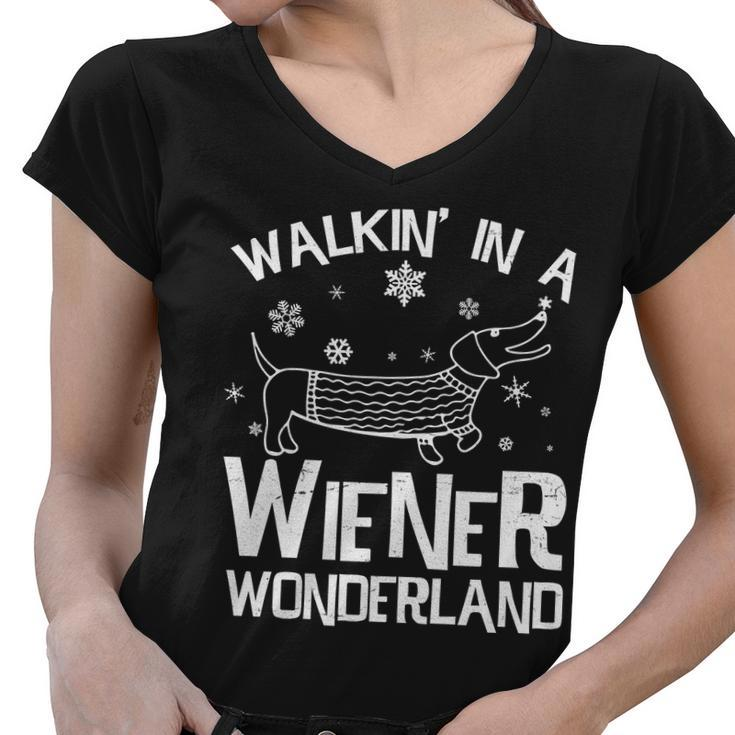 Walking In A Wiener Wonderland Funny Christmas Tshirt Women V-Neck T-Shirt