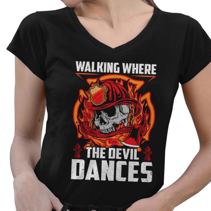 Walking Where The Evil Dances Proud To Be A Firefighter Usa Flag Women V-Neck T-Shirt