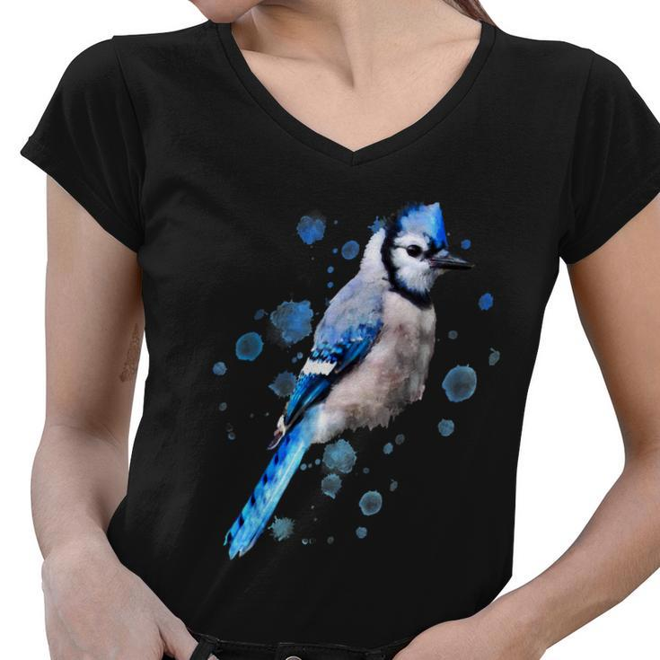 Watercolor Blue Jay Bird Artistic Animal Artsy Painting Women V-Neck T-Shirt