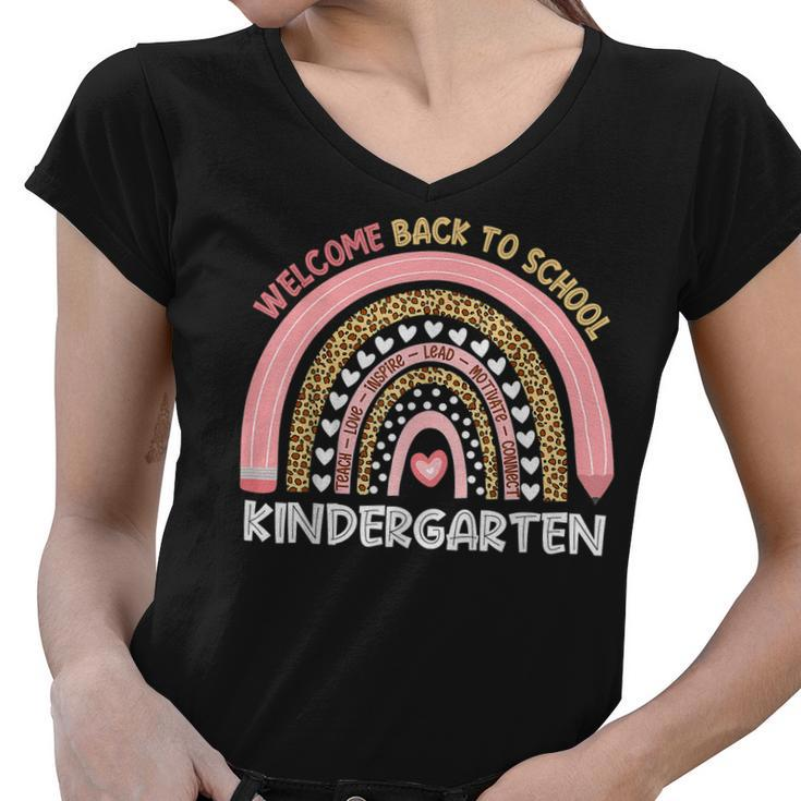 Welcome Back To School Kindergarten Teacher Rainbow Leopard  Women V-Neck T-Shirt