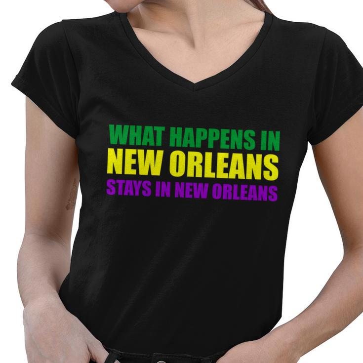 What Happens In New Orleans Stays In New Orleans Mardi Gras T-Shirt Graphic Design Printed Casual Daily Basic Women V-Neck T-Shirt