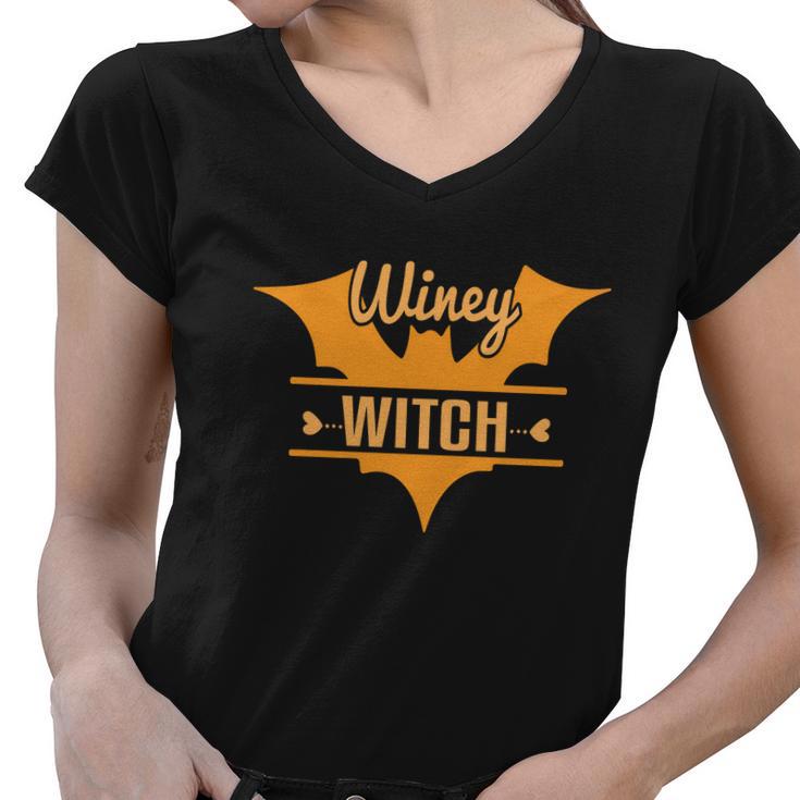 Winey Witch Bat Halloween Quote Women V-Neck T-Shirt