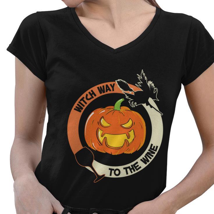 Witch Way To The Wine Pumpkin Halloween Quote Women V-Neck T-Shirt