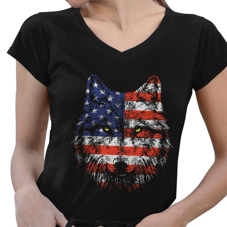 Wolf American Flag Usa 4Th Of July Patriotic Wolf Lover Women V-Neck T-Shirt