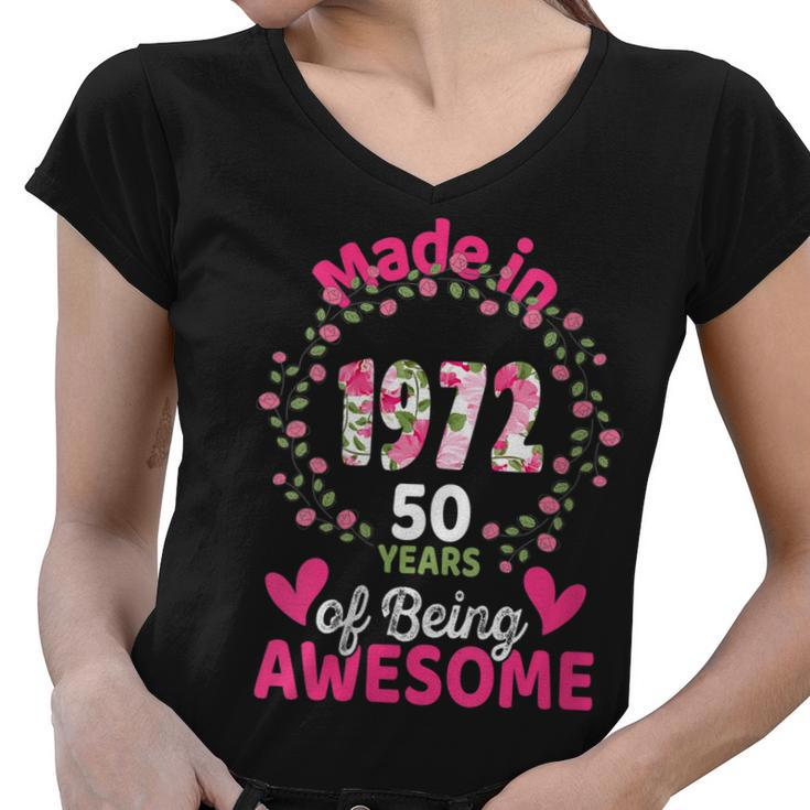 Womens 50 Years Old 50Th Birthday Born In 1972 Women Girls Floral  Women V-Neck T-Shirt