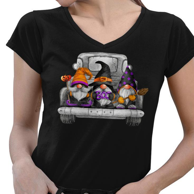 Womens Halloween Truck Drive Gnomes Witch Broom Hat Pumpkin Costume  Women V-Neck T-Shirt