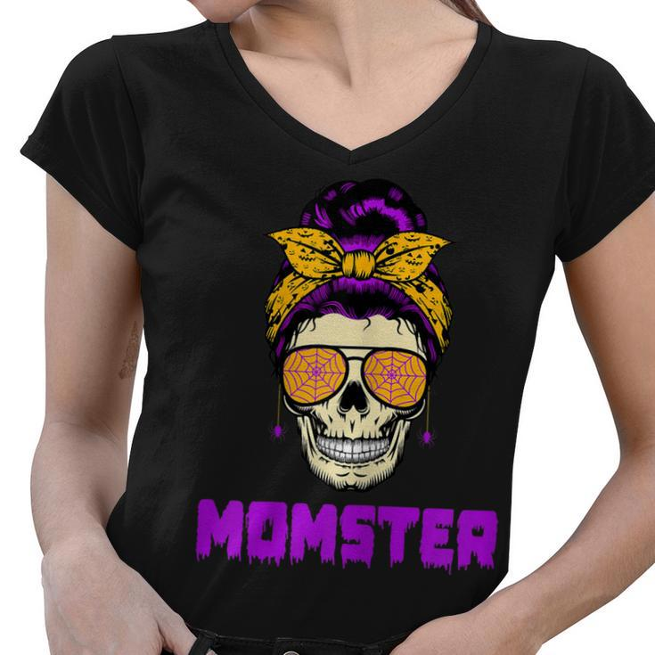 Womens Messy Bun Halloween Costume Monster Mom Momster  Women V-Neck T-Shirt