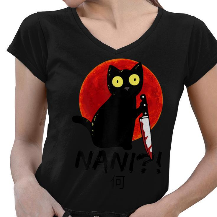 Womens Nani What Red Moon Black Cat Omae Wa Meme Kitten Gift  V2 Women V-Neck T-Shirt