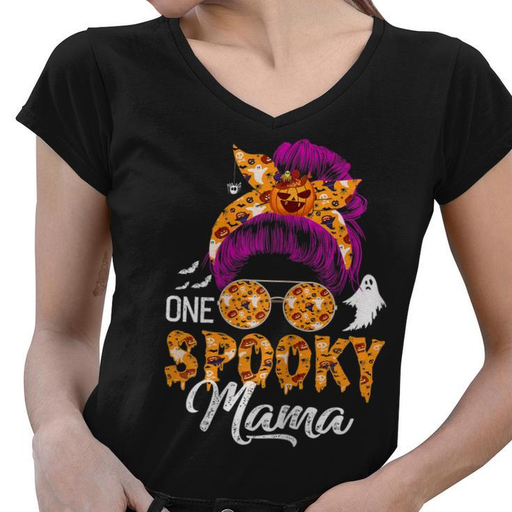Womens One Spooky Mama  Halloween Messy Bun Hair Ghosts Lover  Women V-Neck T-Shirt