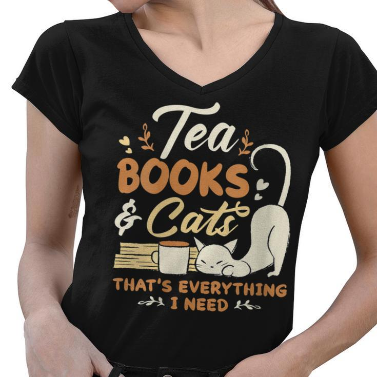 Womens Tea Books And Cats Cat Book Lovers Reading Book  Women V-Neck T-Shirt
